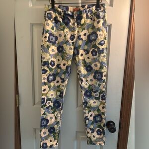 ModCloth cream blue navy green floral cotton skinny pants sz L runs small